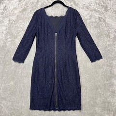 Adrianna Papell V-Back Long Sleeve Lace Sheath Dress Women&rsquo;s 10 Navy Old Money