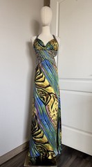 VTG Y2K Cache Sz 2 Silk Sequin Beaded Animal Print Mermaid Gown Prom Formal