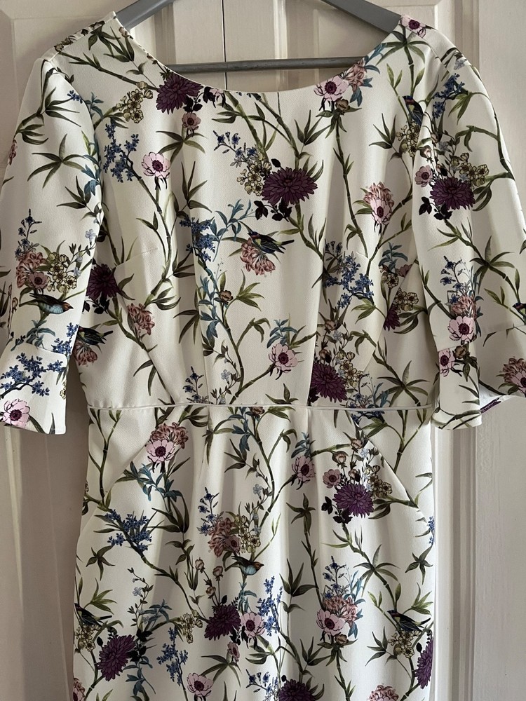 Oasis Size 14 Ivory Bell Sleeve Bird Botanical Print Dress