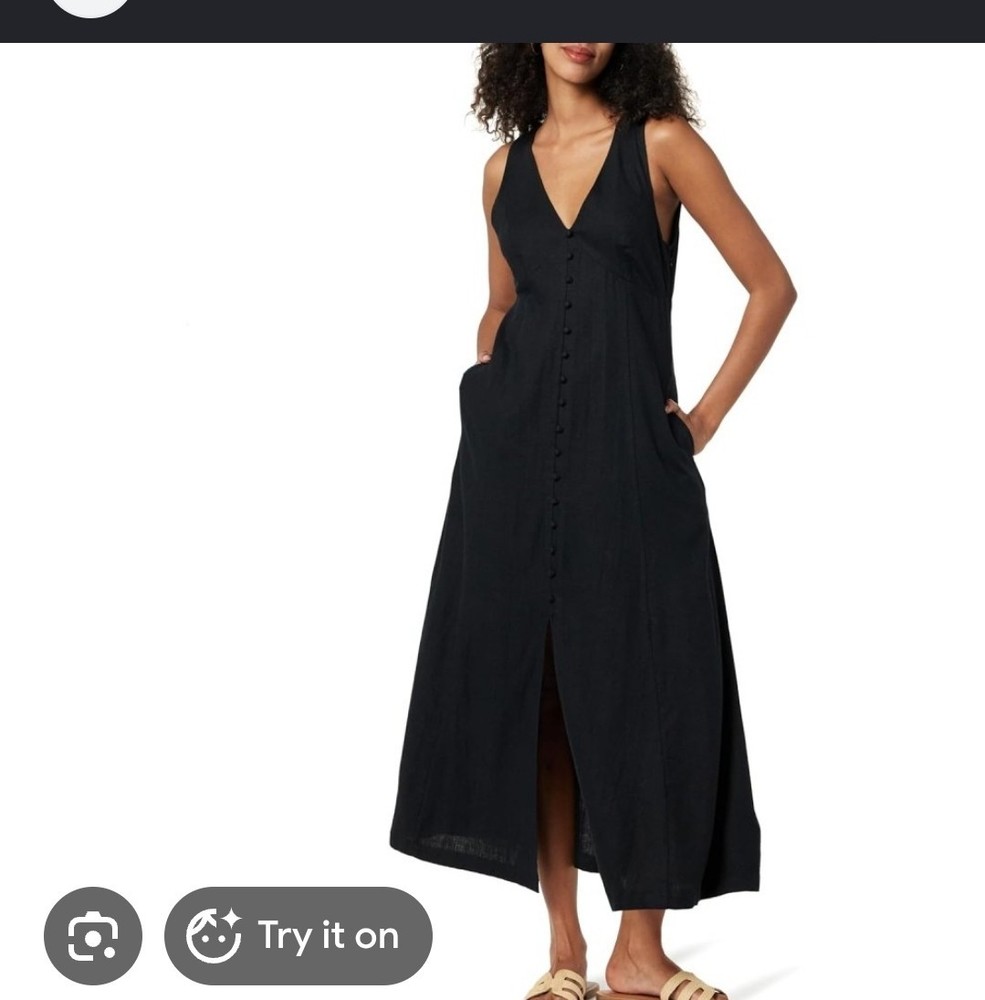 The Drop Blanca Linen Blend Button Front V-Neck Maxi Dress Black NWT Size M