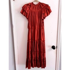 Reset by Jane Rust Orange Pleated Tiered Midi Dress Flutter Sleeve JD729 Medium
