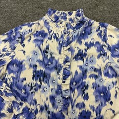 Tuckernuck Blue White Ikat Floral Ruffle Drop Waist Dress Womens Size S Long Slv