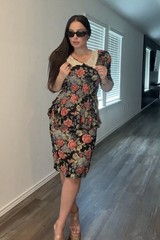 Vintage Michelle Floral Rayon Dress Lace Collar Peplum V-Neck 7/8