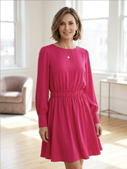 Pink Solid Round Neck Long Sleeve Elastic Waist Ruffle Mini Dress Women L