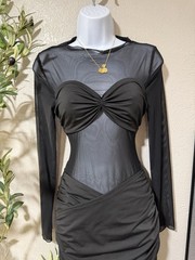 SHEIN SXY Black Solid Sheer Mesh Ruched Long Sleeve Mini Dress Round Neck S