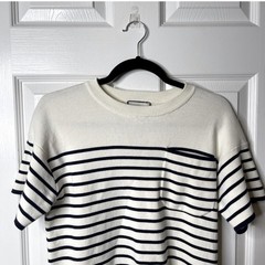 Tuckernuck XXS White/Navy Striped Knit Frenchie T-Shirt Dress Crew Neck Cotton