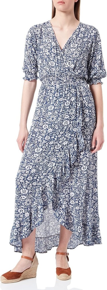 Women&rsquo;secret V Neck Half Sleeve Frill Hem Navy Blue Floral Maxi Dress Size S