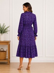 Purple Floral Midi Dress Women’s Small Long Sleeve Elastic Waist Boho
