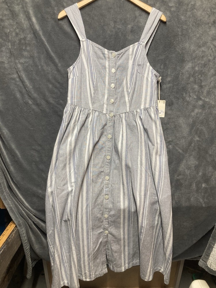 A.N.A Blue White Striped Button Front Midi Sundress M Coastal Cottagecore Modest