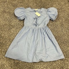 Sim & Sam Blue Tie Dress Small Puff Sleeve Boho Cottage Prairie Western Cotton