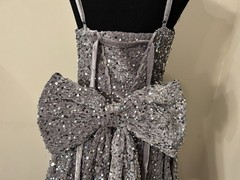 Silver Sequin Sparkling Dress square neckline adjustable straps detachable bow