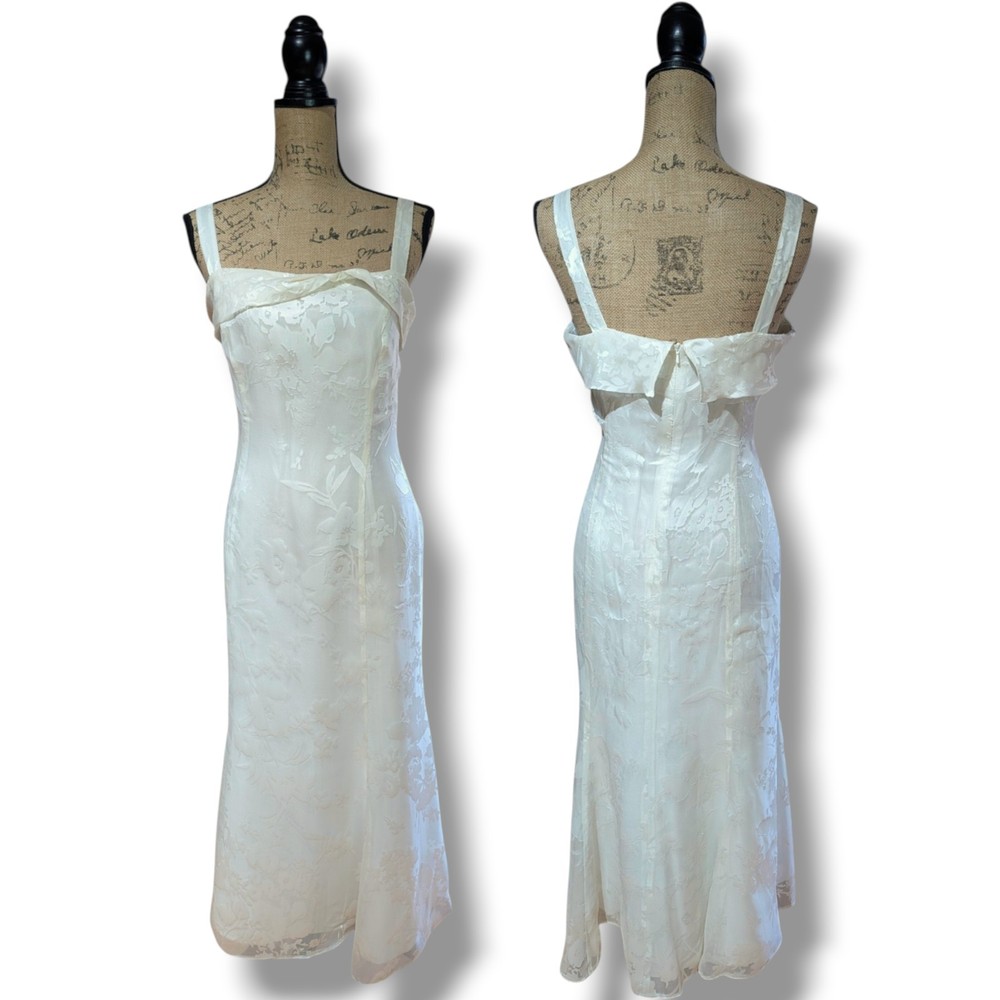 Whimsi 90s Y2K Ivory Silk Blended Devore Floral Midi Dress UK 14/16 (US 12)