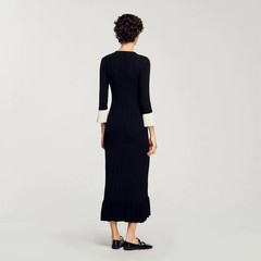 Sandro Black V-neck Flared long sleeves Long knitted Dresses