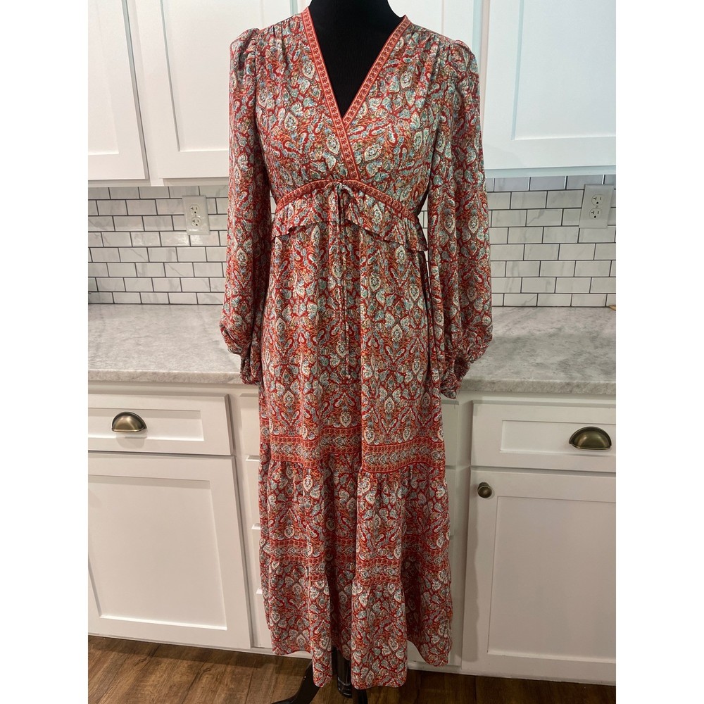 Max Studio London Dress Womens S Red Paisley Boho Tiered Maxi Long Sleeve