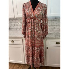 Max Studio London Dress Womens S Red Paisley Boho Tiered Maxi Long Sleeve