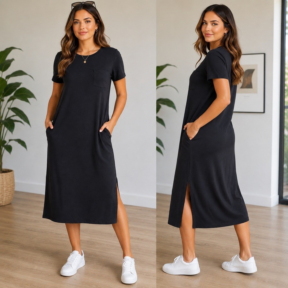 Black Short Sleeve Pocket Midi T-Shirt Dress with Side Slits Large