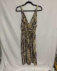 Cassee’s Beige Brown Animal Print A-Line Dress V-Neck Smocked Beaded L