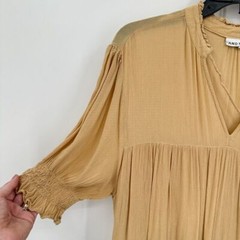 And Now This Mini Dress Womens L Tan Tiered Peasant Smocked Ruffle Boho Cottage