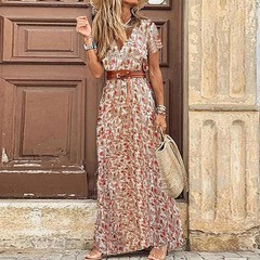 Womens Boho Floral V-Neck Maxi Dress Ladies Summer Beach Casual Holiday Sundress