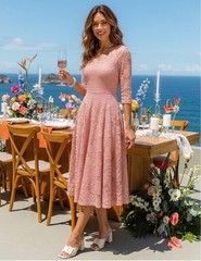 Dressystar Women&rsquo;s Pink Lace Long Sleeve Midi Cocktail Dress – Size 2XL Used