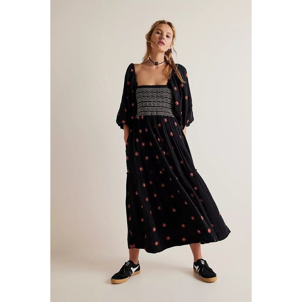 Free People Dahlia Embroidered Maxi Dress Black Smocked Puff Sleeve Boho M