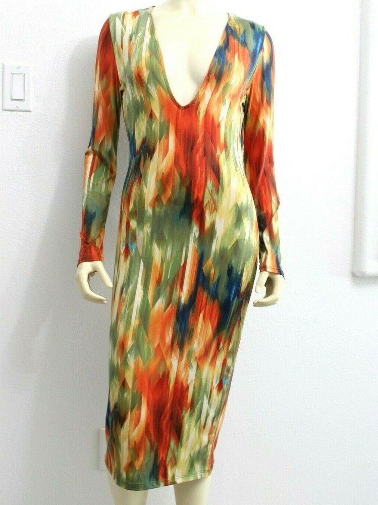 Fashion Nova Women Dress X-Large Multicolor Orange Green V-Neck