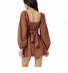 L*SPACE Brown Solid Square Neck Cutout Puff Sleeve Tie Back Mini Dress SM