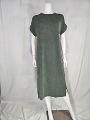 Entro Olive Ribbed Short Sleeve Round Neck Side Slit Maxi Dress