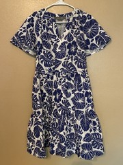 Lark + Grey Blue Tropical Floral Flutter Sleeve Tiered Midi Dress Size L
