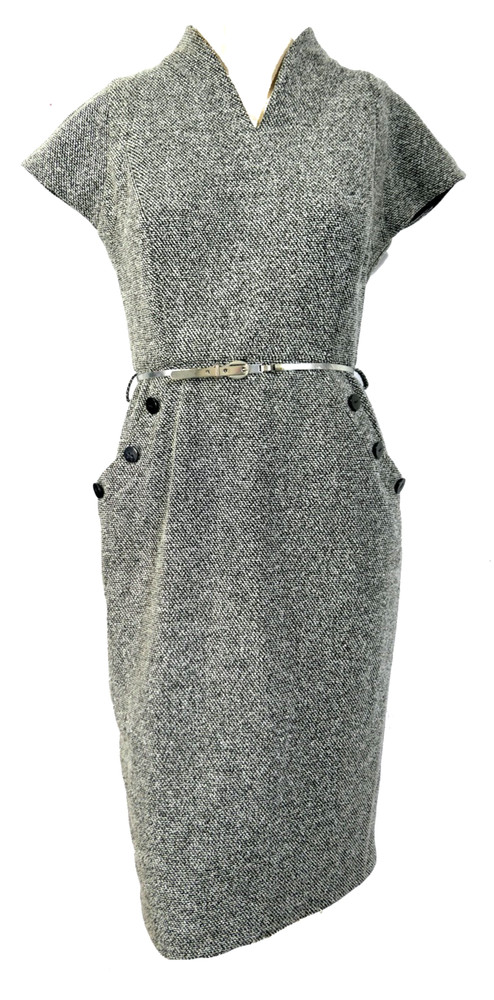 Stand Up Collar Poly Tweed Pockets Belted Jones New York Pencil Dress Sz 4