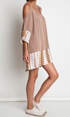 New Boho Women&rsquo;s Taupe Tie Dye Cold Shoulder Beach Dress S M L Vacation Bohemian