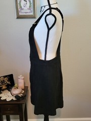 90s Black Suede Overall Dress Front Zip, By PIE IN THE SKY, Adjust Straps, Large