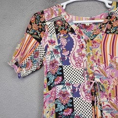 Indigo Rose Dress Womens M Button Floral Polka Dot Patchwork Tiered Boho Hippie