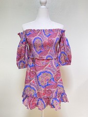 Alexis Alona Off Shoulder Dress Women’s L Pink Multi Paisley Smoked Mini
