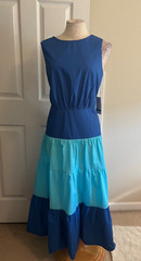 Julian Taylor Tiered Cotton Midi Dress 16 Caribbean Blue Summer Stretch NEW NWT