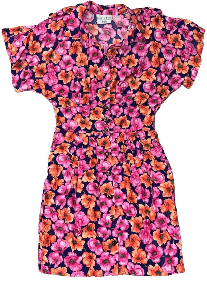 Vintage 80s 90s Caroline Wells Petites Women P12 Floral Rayon Dress Button Front