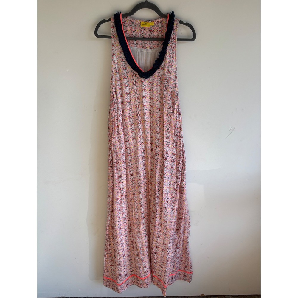 Roberta Roller Rabbit Pink Geometric Floral Fringe V-Neck Cotton Midi Dress S