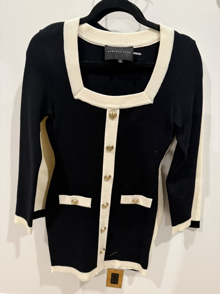 ENDLESS ROSE SQUARE NECK CONTRAST TRIM DRESS GOLD BUTTONS BLACK