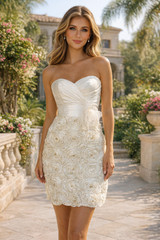 White Short Dress Size 2 Beaded Ostrich Feather Ivory Roses Party Gown Sz 2
