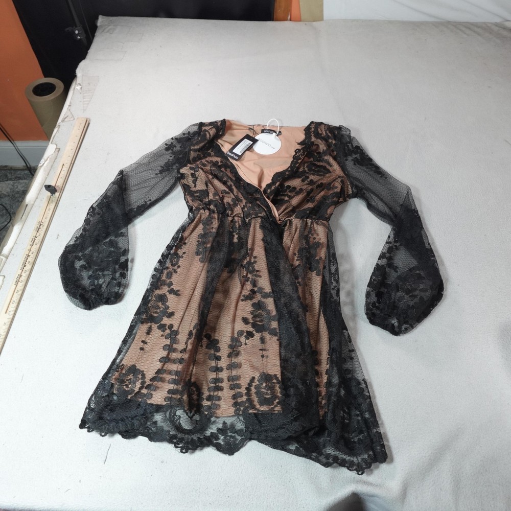 Whimsigoth Dress Womens 12 Black Boohoo Fairygrunge Lace Plunge Mini Mesh New