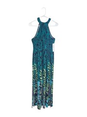 London Times Multi Print High Neck Maxi Dress with side Slit Black Aqua Sz 8 NWT