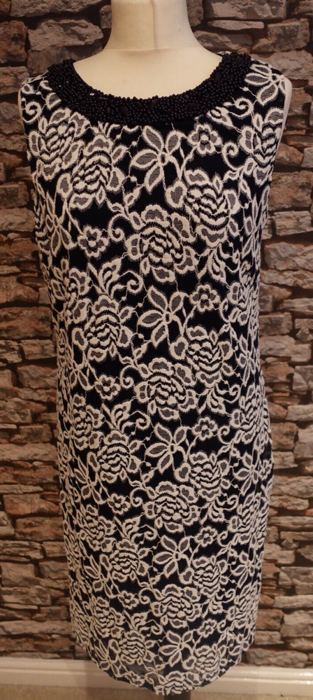 Roman Originals Stunning Navy White Floral Lined Beaded Neck Dress Size 14