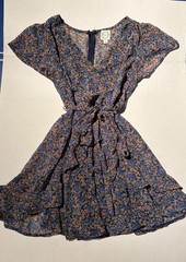 Glamorous Blue Pink Floral Chiffon V-Neck Tie Waist Ruffle Dress S