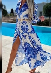 1 State White & Blue Grecian Scroll Paisely Maxi Long Sleeve Dress Med 💙💙