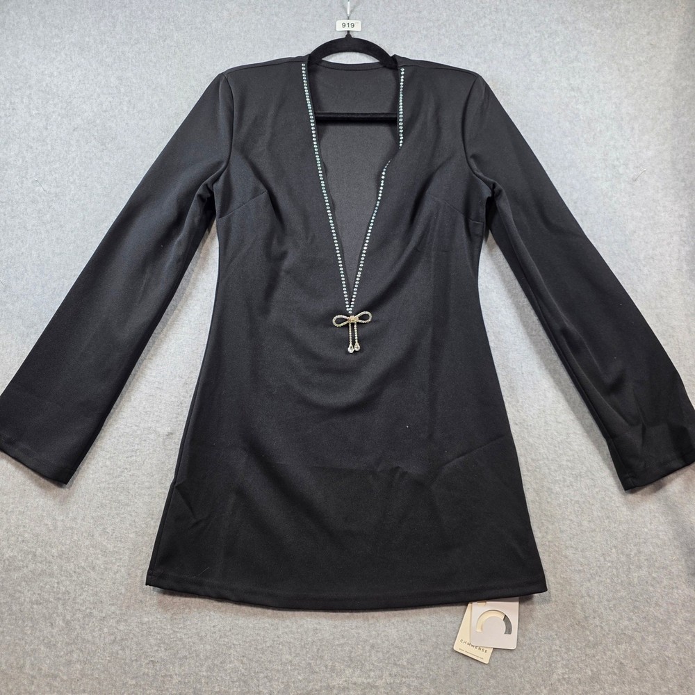 Commense Black Rhinestone Bow Deep V-Neck Long Sleeve Mini Dress XS NWT