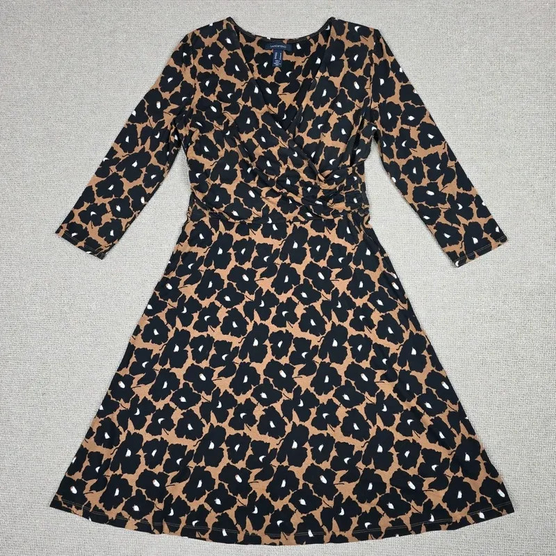 Lands&rsquo; End Faux Wrap Midi Dress – Size 14 – Brown Poppy Print