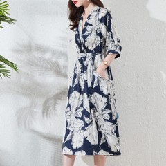 100% Mulberry Silk Dress Women&rsquo;s Mid Length Summer New Fashion V-neck Silk Dress