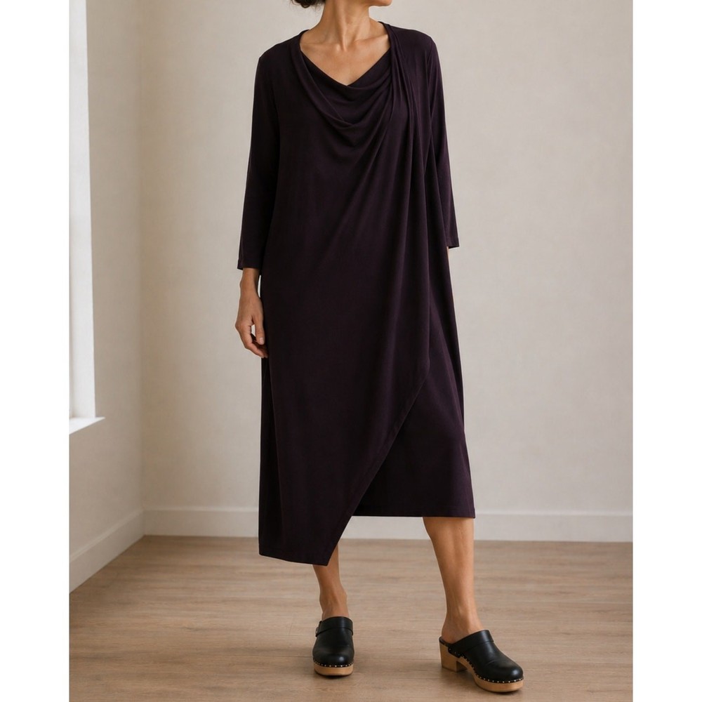 Sympli Made in Canada Asymmetrical Draped Dress Lagenlook Plum Purple size 14