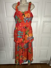 FARM Rio Tropical Midi Dress L Colorful Ruffle Resort Vacation Cotton