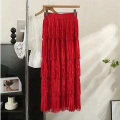 Multifunctional Slimming Tassel Cake Skirt Medium and Long Dress Elastic Waist D